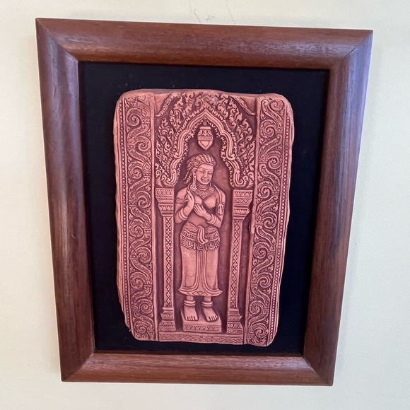 New Carved Apsara Radha Terracotta Textured Tile Panel Custom Frame 8.5" x 10.5" - Picture 5 of 6